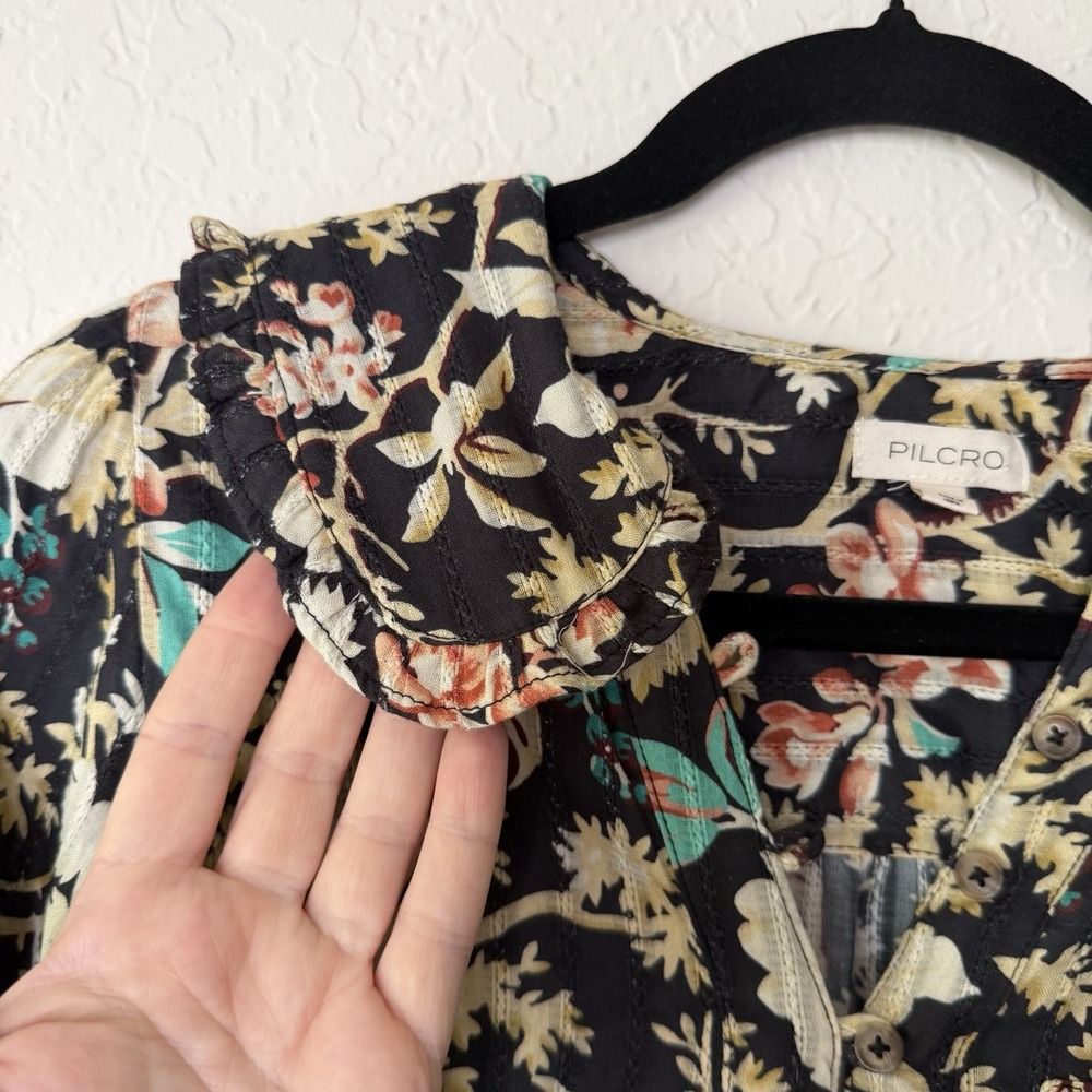 Anthropologie Pilcro Floral Top Blouse Small Twee Peter Pan Collar Button Down - Picture 2 of 11